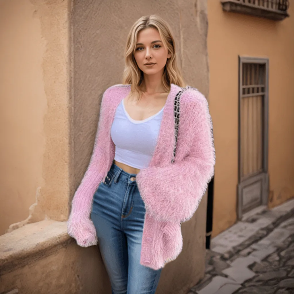 European And American Furry Cardigan Solid Color Sweaters Loose Pockets Coat - Pink