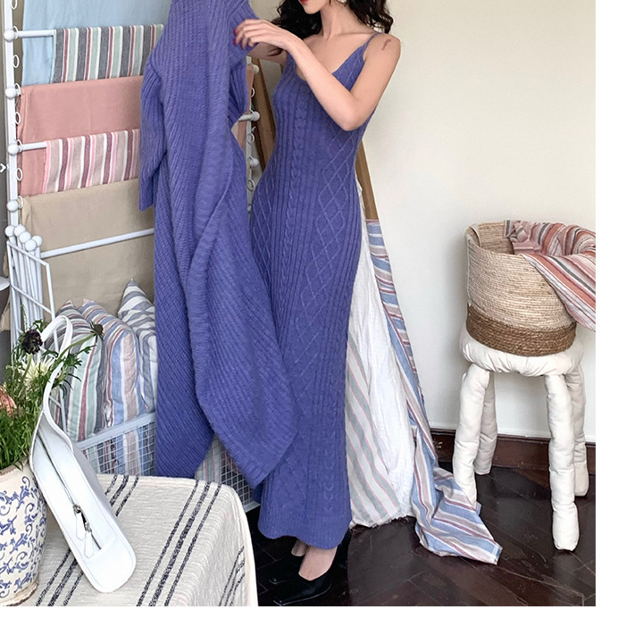 Knitted Cardigan Round Neck Dress Two-piece Women's Clothing