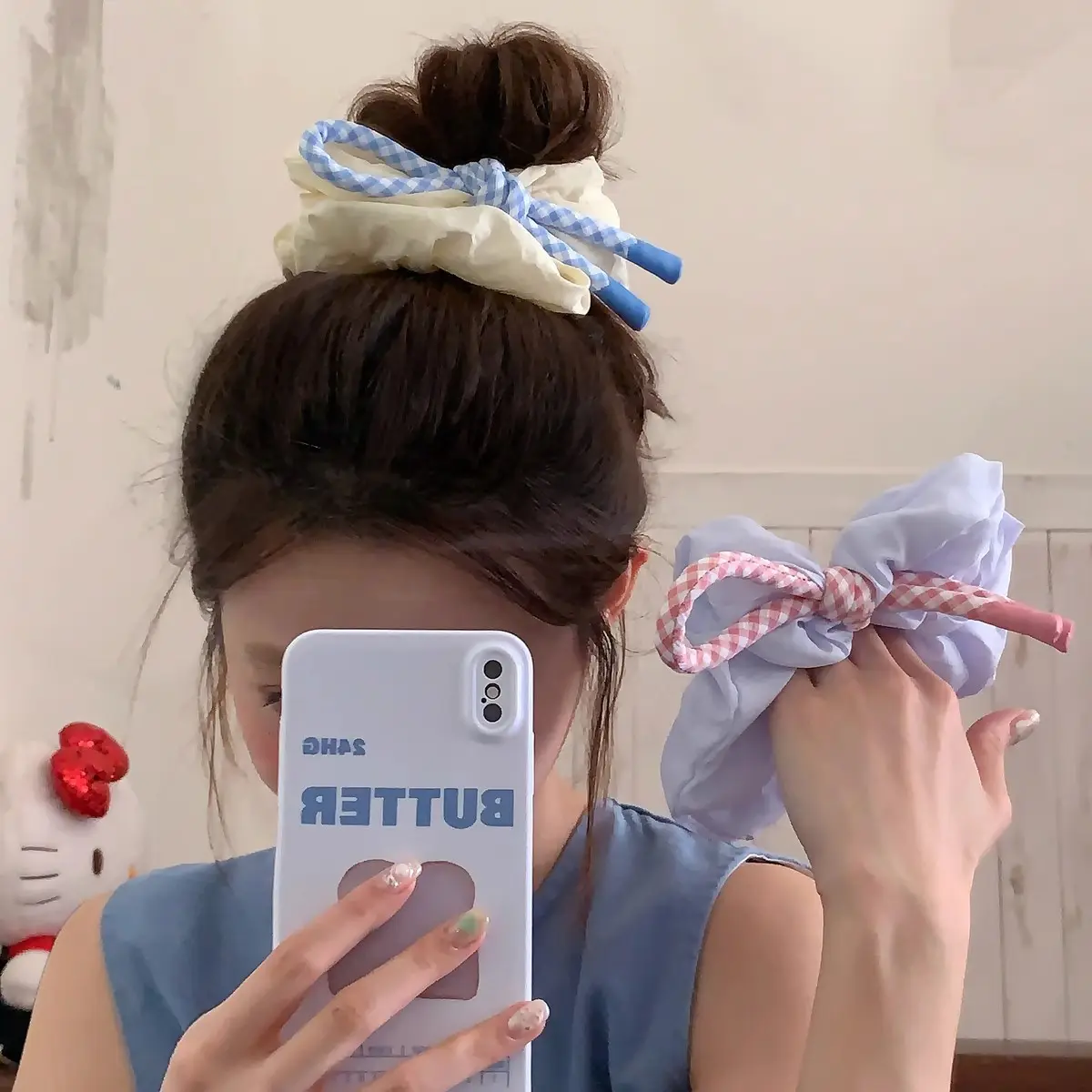 Powder Blue And Pink Plaid Knotted Ribbon