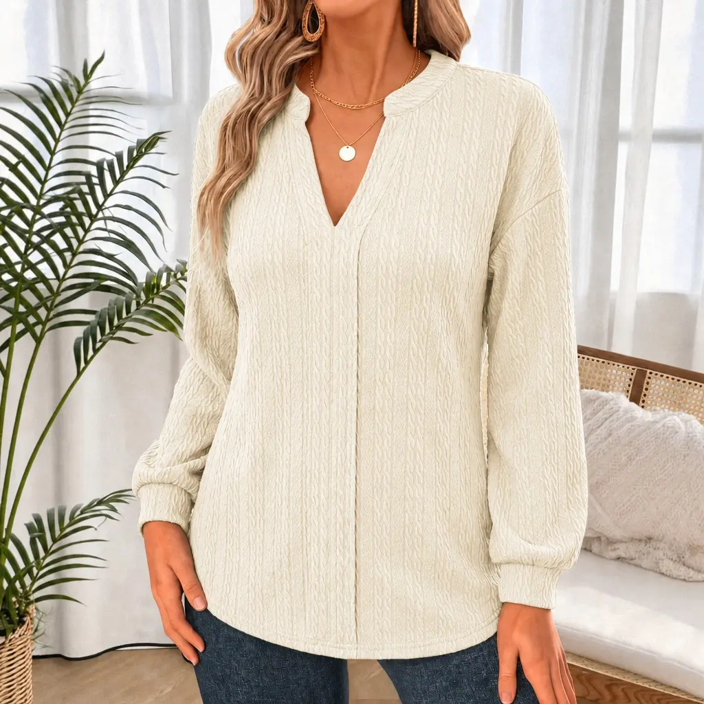 Womens Relaxed-fit V-neck Long-sleeve Versatile Work Blouse