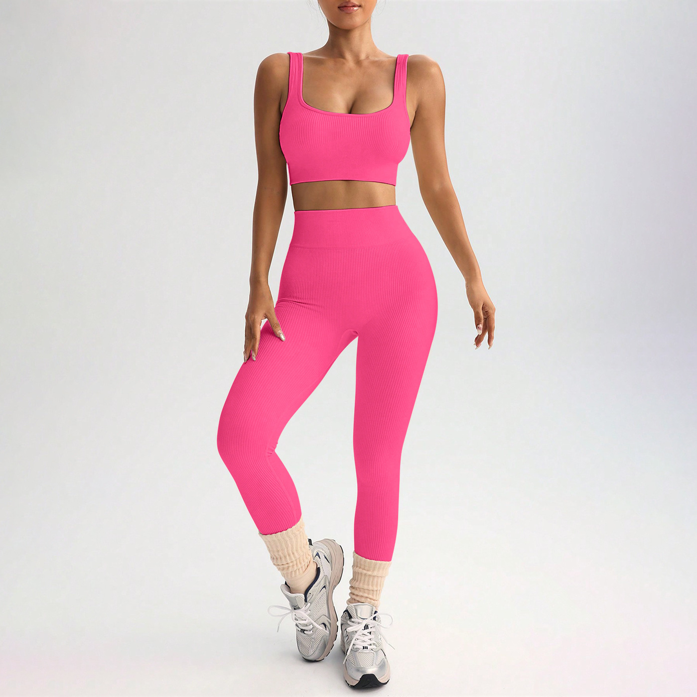 Quick-drying Yoga Clothes Suit Shockproof Sports Bra Yoga Pants – Coral Red, S