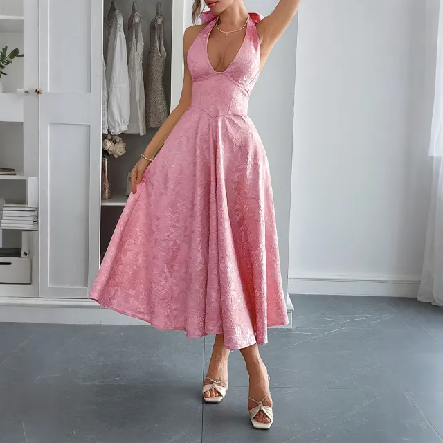European And American Elegant Evening Dress Halter Waist Pink - Shop at LoveMi