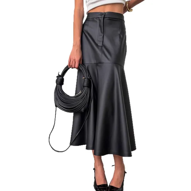 Womens Elegant High waisted PU Skirt Black - Shop at LoveMi