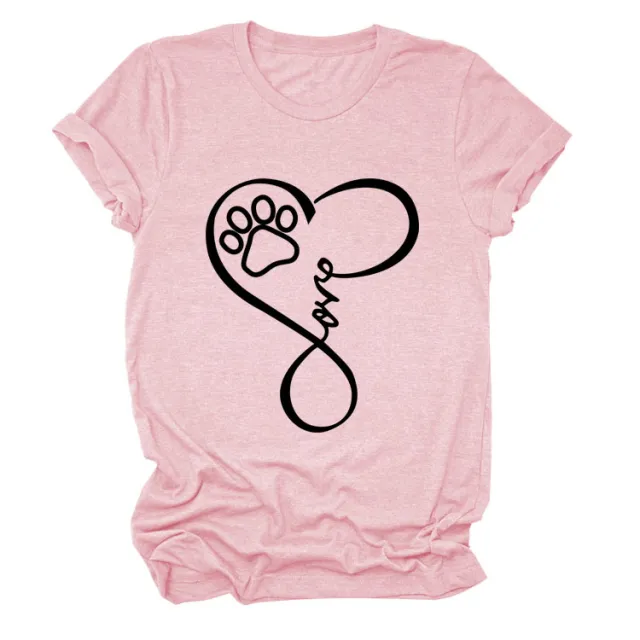 Dog Print Heart Printing Round Neck Short Sleeve Women's Clothing Pink Black Font - Shop at LoveMi