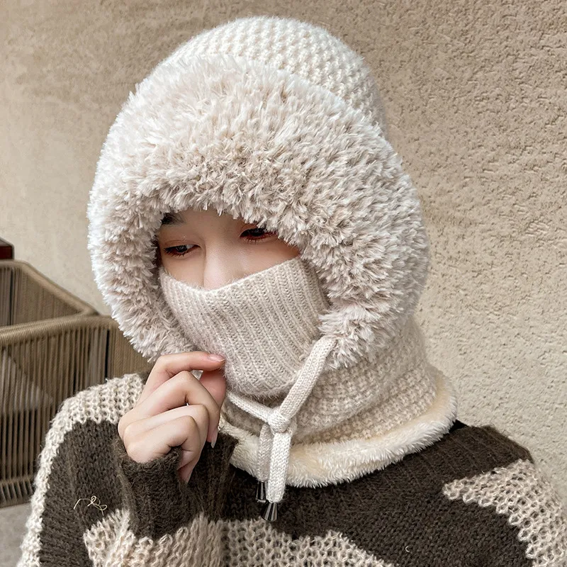 Fleece-lined Thickened Knitting Warm Neck Protection Windproof Hat - Beige