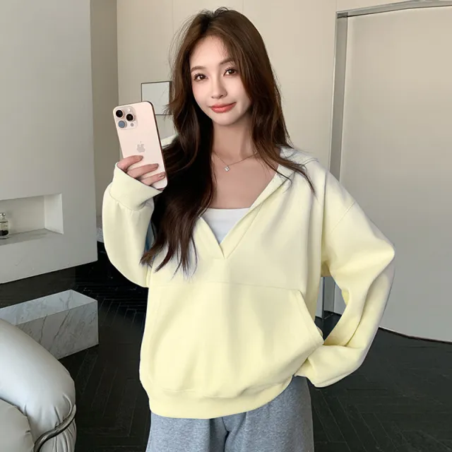 V neck Hoodie Coat Women's Spring And Autumn Yellow - Shop at LoveMi
