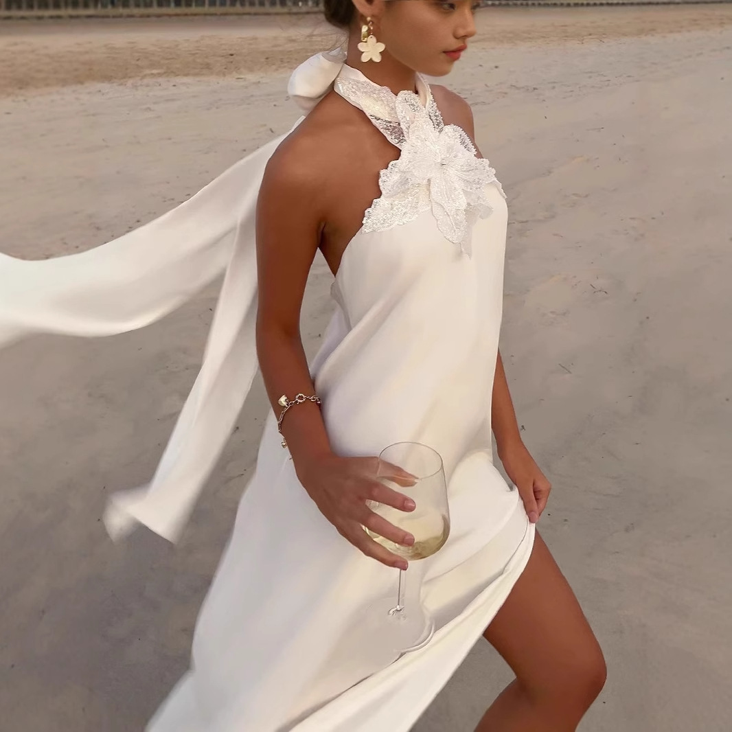 Vintage White Crochet Halter Evening Dress