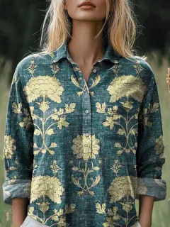 New Casual Printed Floral Button Polo Collar Top Shirt For Women - Green - View 1