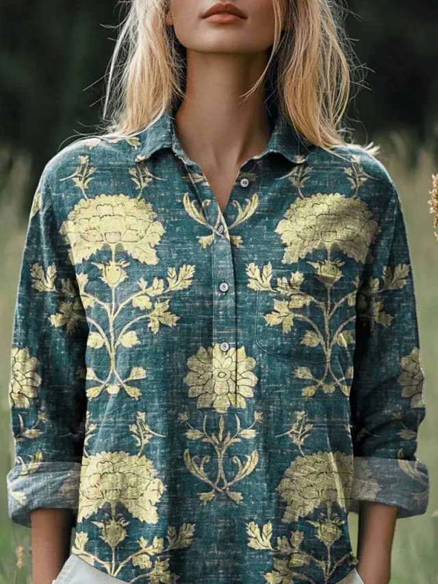 New Casual Printed Floral Button Polo Collar Top Shirt For Women Green - Shop at LoveMi