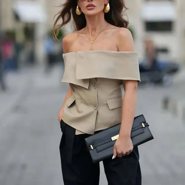 Women's Thin One neck Off shoulder Slim fit Figure Flattering Small Suit Khaki - Shop at LoveMi