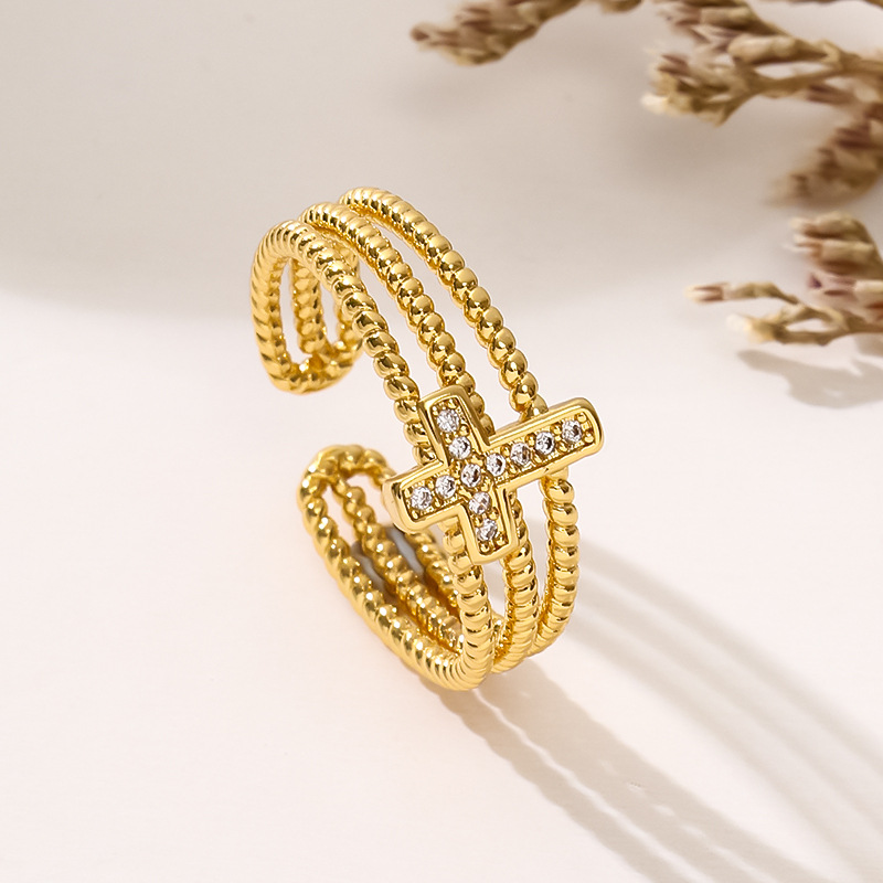 Women's Copper Plating 18K Gold Three-layer Hollow Zircon Cross Geometric Ring