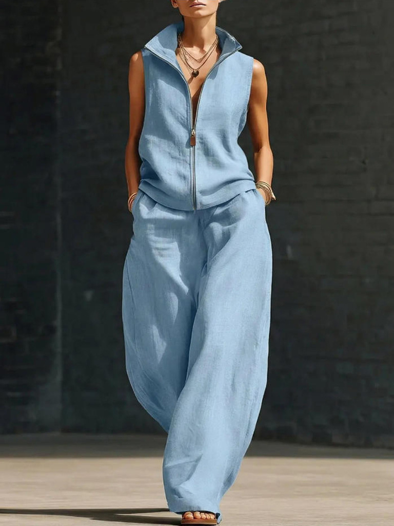 Sleeveless Stand Collar Linen Cotton Two-Piece Set | Relaxed Fit — view 4