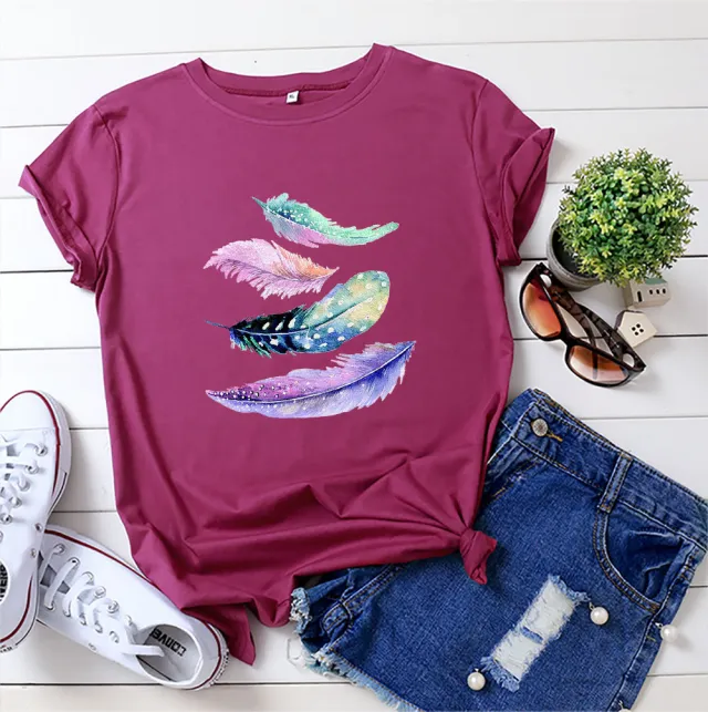 European And American Color Feather Printed Cotton Short sleeved T shirt Wine - Shop at LoveMi