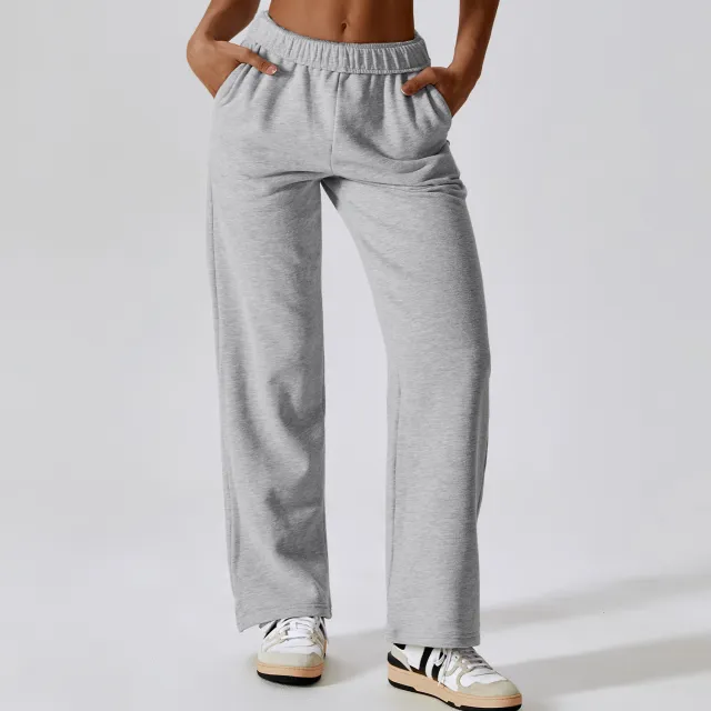 Waist tied Fleece lined Warm And Loose Straight Wide Leg Outdoor Leisure Sports Pants Flower Gray - Shop at LoveMi