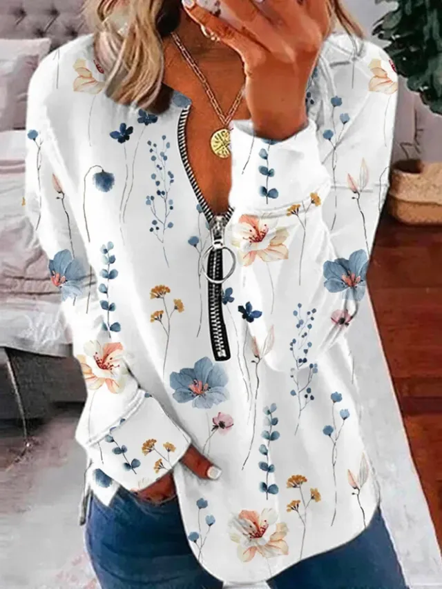 Geometric Abstract Printing Long Sleeve Zipper Sweater Pullover Ivory White - Shop at LoveMi