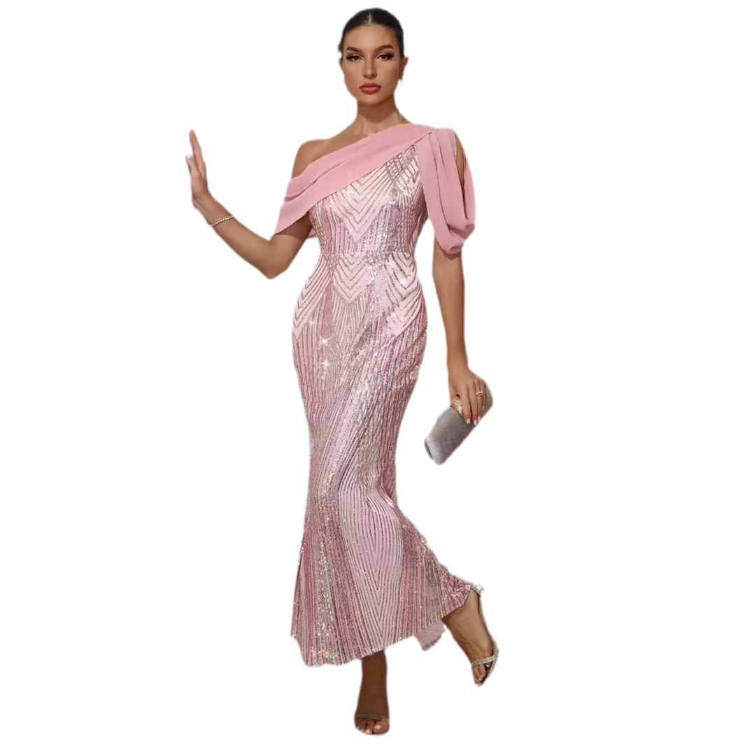 European And American Style Dress One-shoulder Chiffon Stitching Sequined Dress - Picture 5 of 5