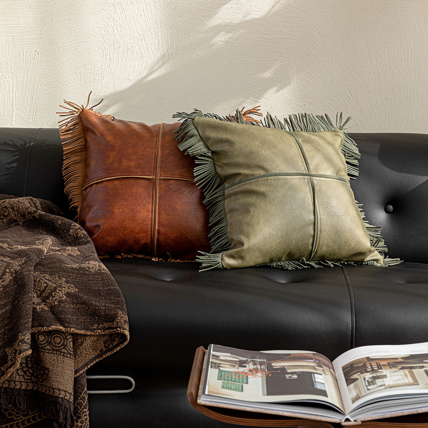 American-style Luxury Fringed Leather Sofa Cushion Vintage Design