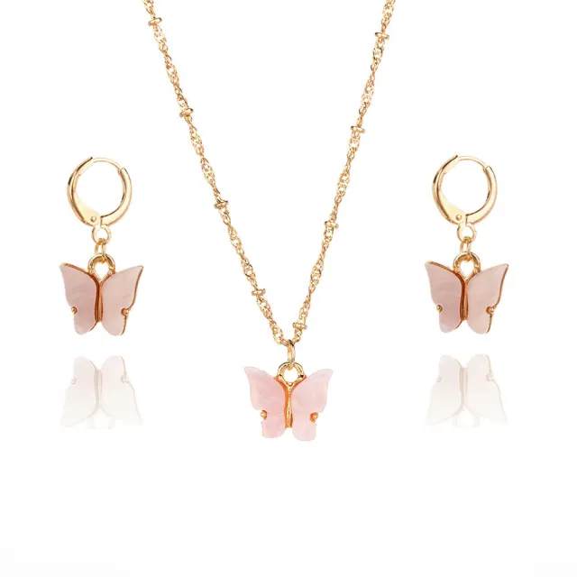 Color Acrylic Butterfly Earrings And Necklace Set 02 Pink Suit - Shop at LoveMi