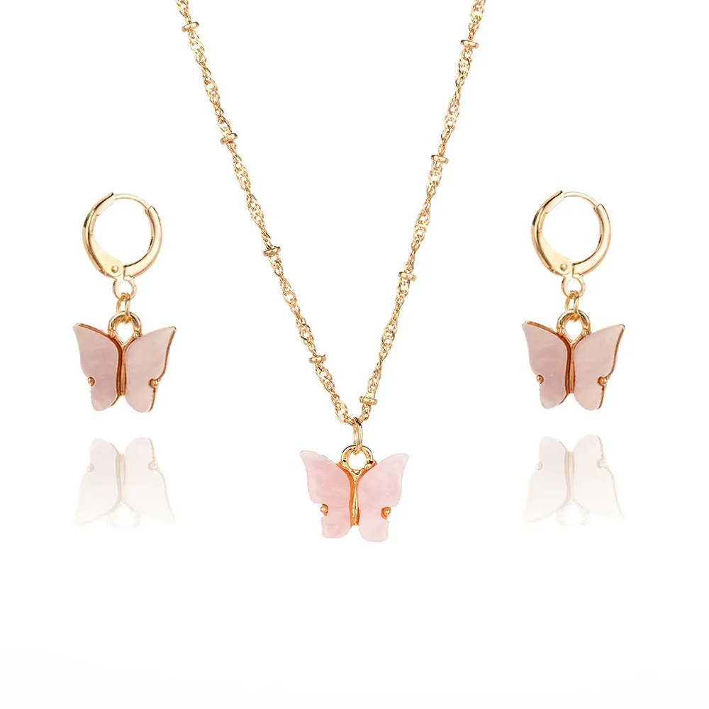 Color Acrylic Butterfly Earrings And Necklace Set - 02 Pink Suit