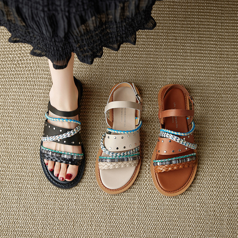 Cowhide Woven Color-block Flat Sandals