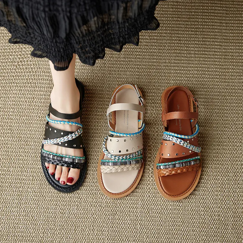 Cowhide Woven Color-block Flat Sandals