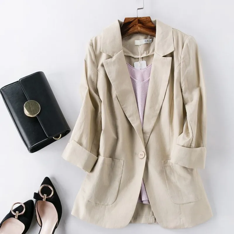Omen's Springsummer Thin Fashion Slim Fit Sub-suit Cropped Sleeve Short Top - Khaki