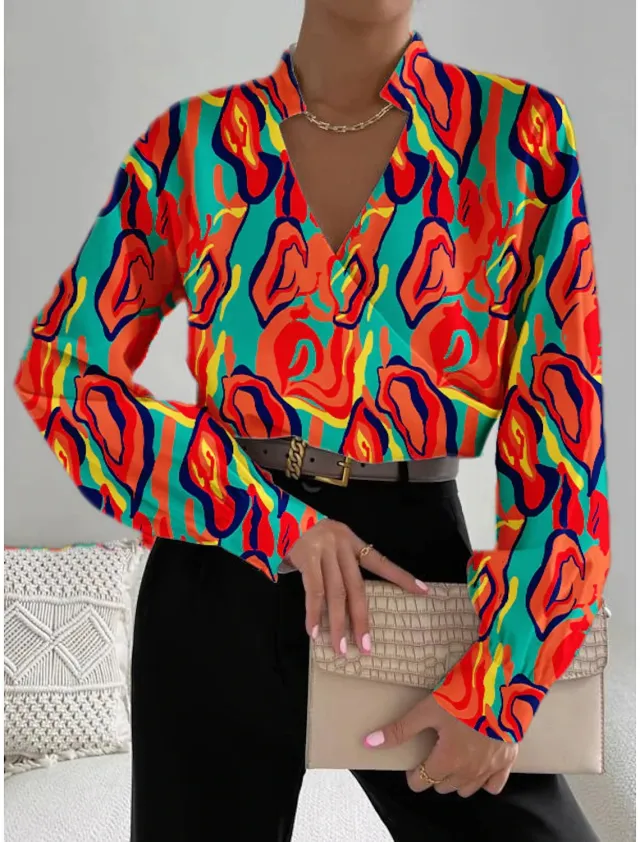 Women's Long sleeved V neck Stitching Shirt Red - Shop at LoveMi