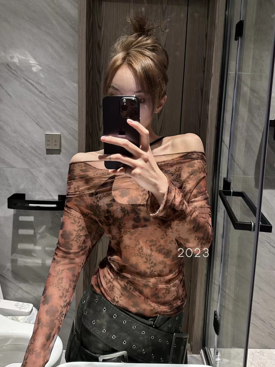 Millennium Niche Printed Mesh See-through Boat Neck Long Sleeve T-shirt