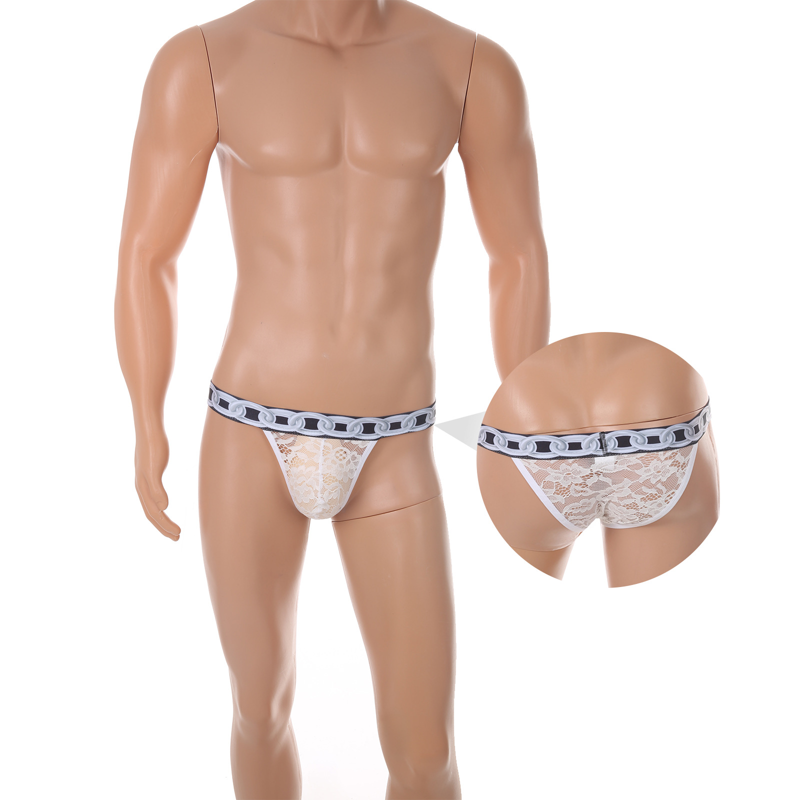 Men's Sexy Lace Thong 3D Printed Chain Belt Sheer