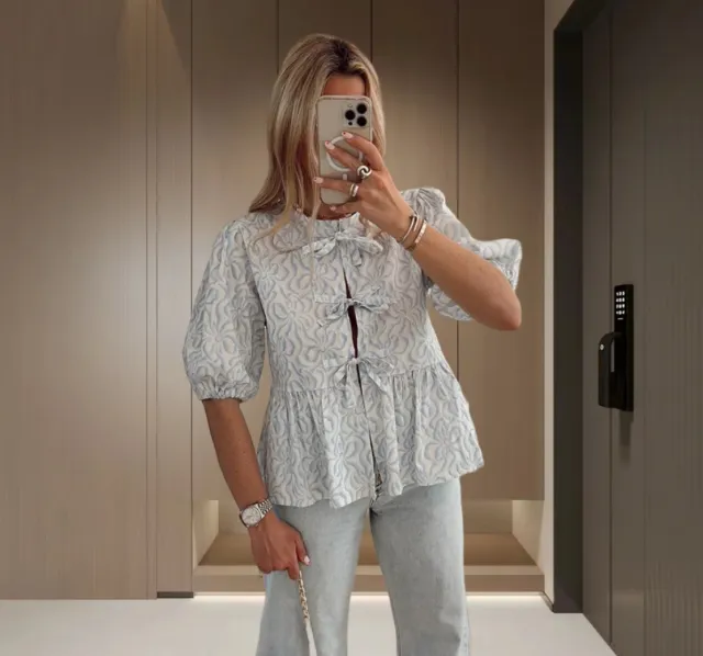Lotus Leaf Puff Sleeve Shirt Women's Top Blue - Shop at LoveMi