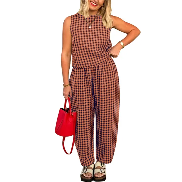 Printed Plaid Loose Casual Sleeveless Vest Pants Suit Red - Shop at LoveMi