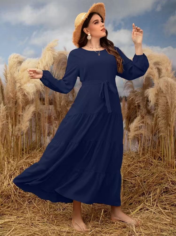 Solid Color Long Sleeve Casual Women's Dress Dark Blue - Shop at LoveMi
