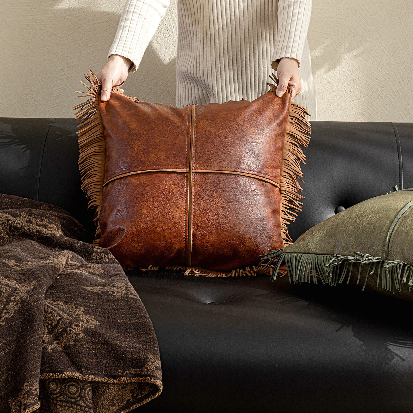 American-style Luxury Fringed Leather Sofa Cushion Vintage Design