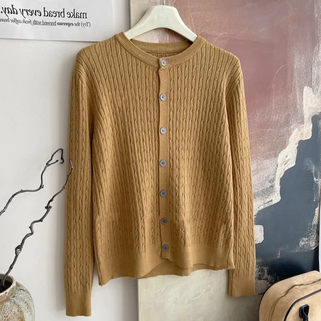 Core spun Yarn Embroidery Twist Soft Glutinous Knitted Cardigan Top Khaki - Shop at LoveMi