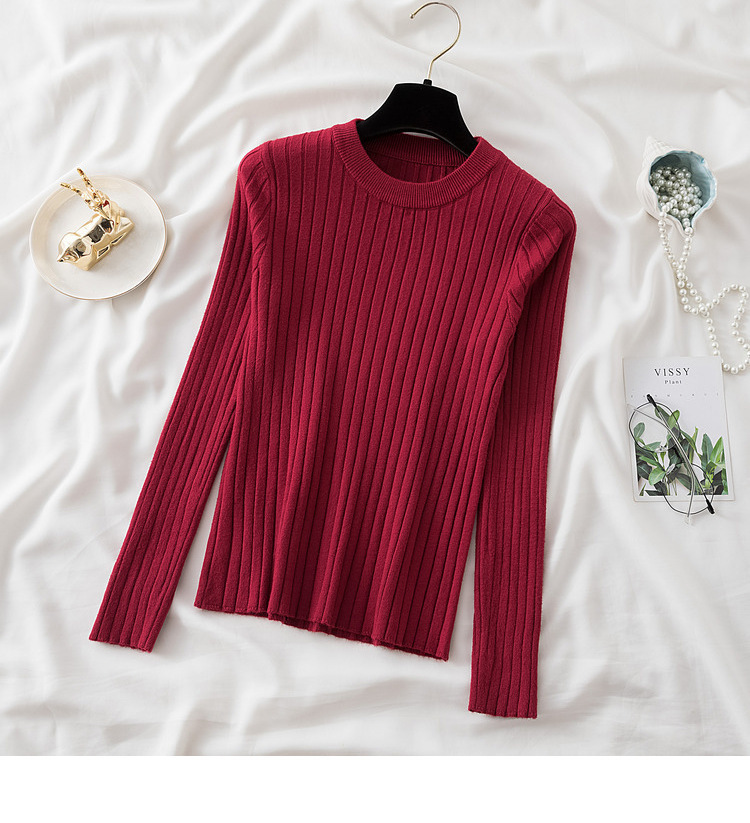 New Round Neck Sunken Stripe Knitwear For Women Wine Red - Shop at LoveMi