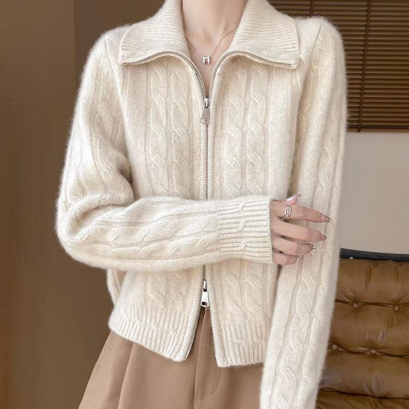 Womens Twist-Open Cardigan With Double Zippers And Lapel Collar