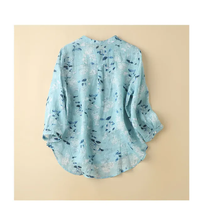 Women's Retro Loose Casual Long Sleeves Top Cotton And Linen Shirt Light Blue - Shop at LoveMi
