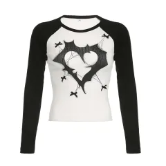 Dark Style Printed Plug-in Sleeve T-shirt In Contrast Colour - Black - View 1