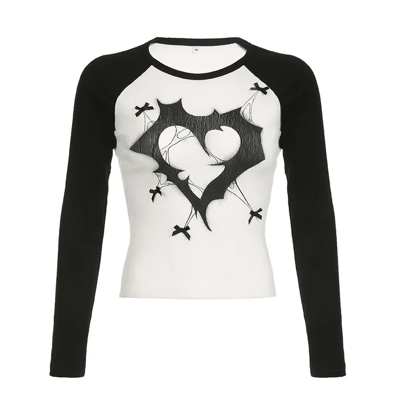 Dark Style Printed Plug-in Sleeve T-shirt In Contrast Color - Black