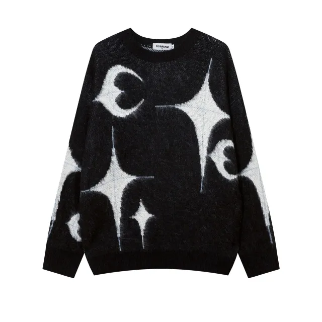 Men's And Women's Same Maychao Jacquard Furry Round Neck Sweater Black - Shop at LoveMi