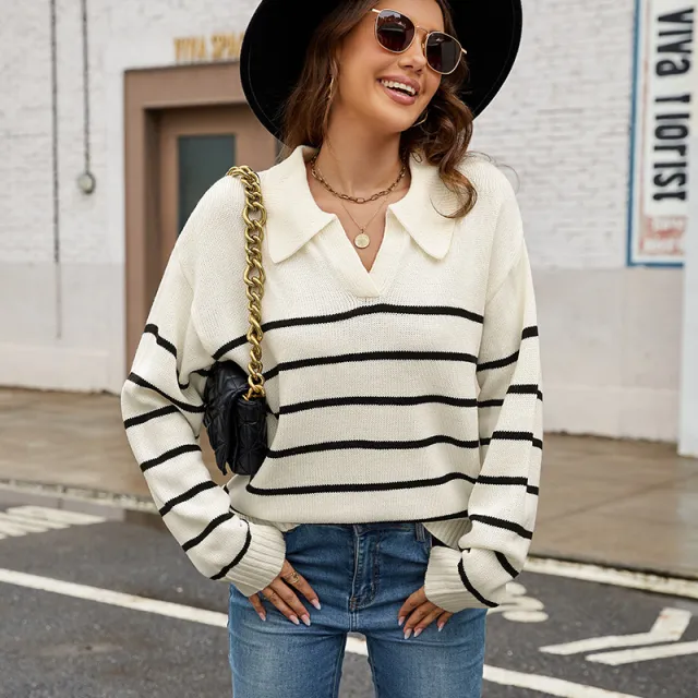 Polo Collar Plus Size Women's Striped Pullover White And Black Stripes - Shop at LoveMi