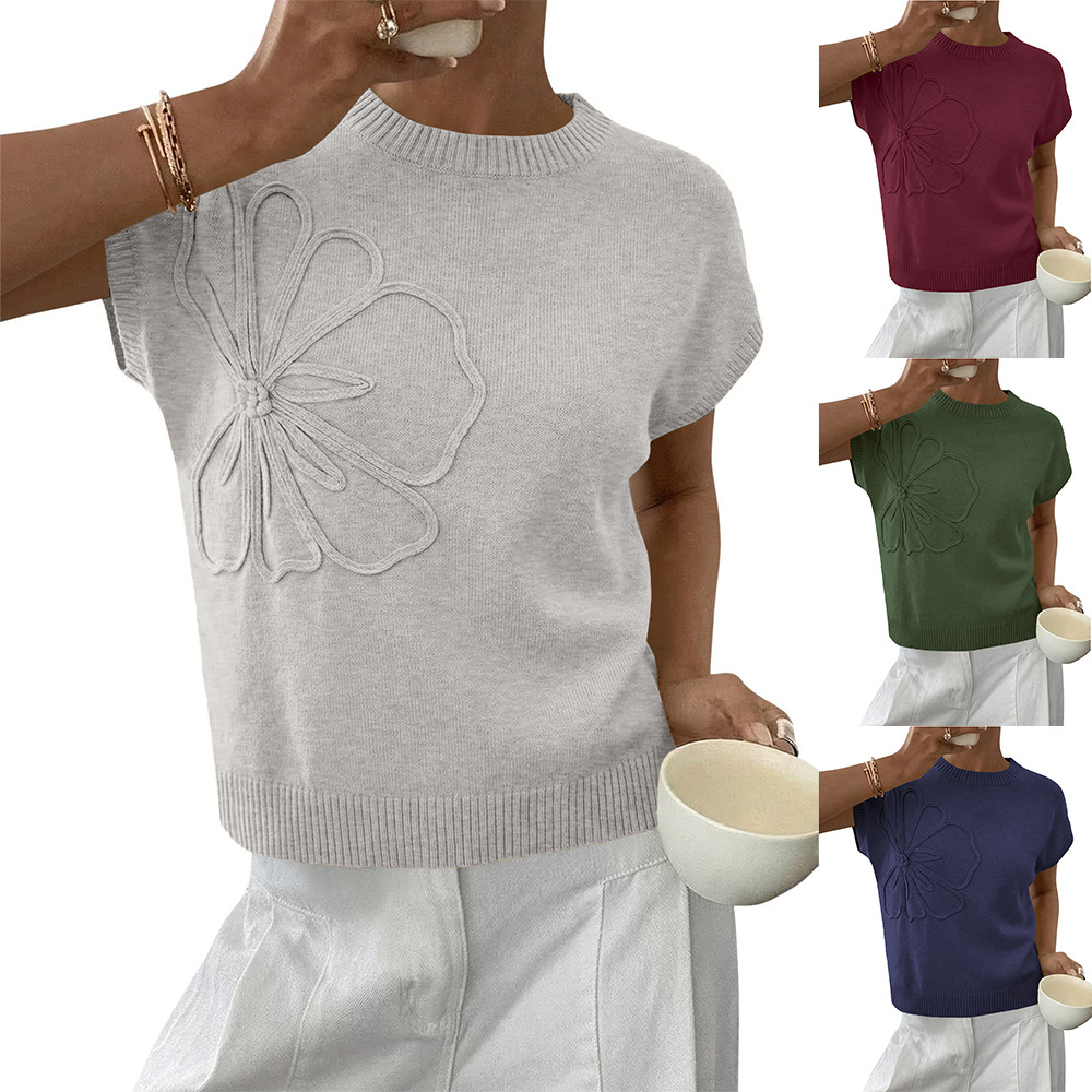 Jacquard Womens Knitted Short-Sleeve Flower Sweater | Soft Casual Top — view 7