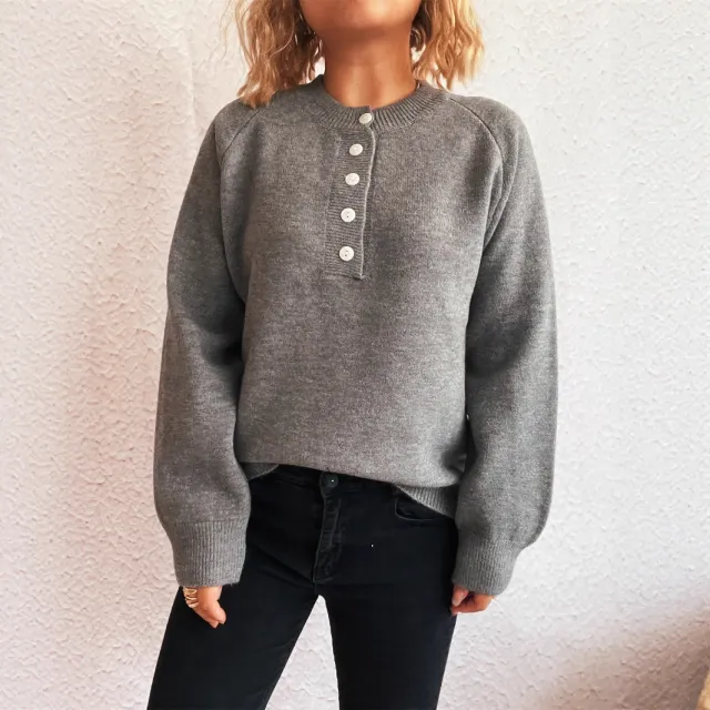 Women's Solid Color Buttons Casual Knitted Round Neck Long Sleeve Warm Sweater Gray - Shop at LoveMi