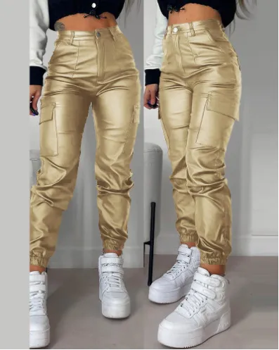 Zipper Pleated PU Casual Patch Pocket Skinny Pencil Trousers Yellow - Shop at LoveMi