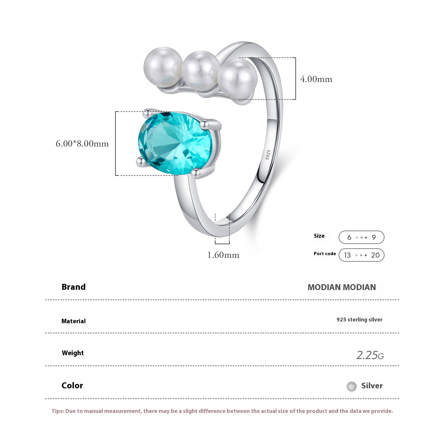 S925 Sterling Silver Sweet Multi-color Diamond Crystal Open-end Pearl Ring