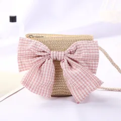 New Girls Big Bow Sun-proof Straw Hat Bag Set - Pink Bow Bag Beige - View 1