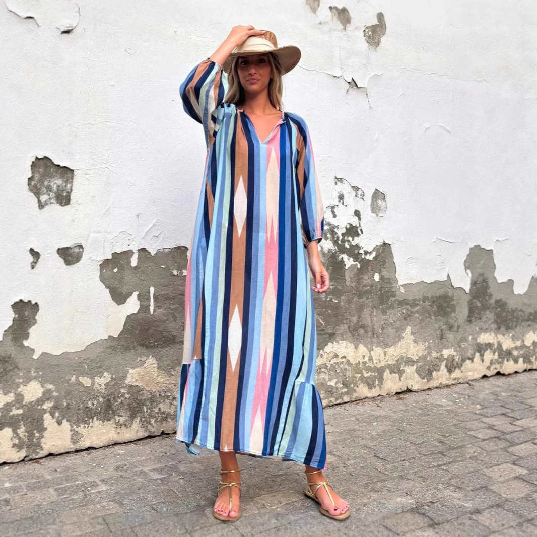 Fashionable Printed Cropped Sleeve Loose Dress