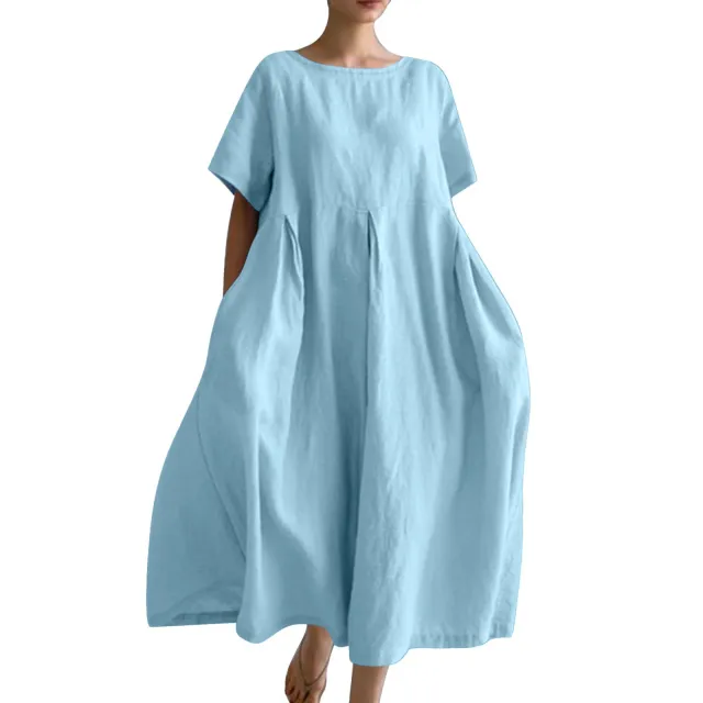 Women's Cotton And Linen Loose Round Neck Short Sleeve Sky Blue - Shop at LoveMi