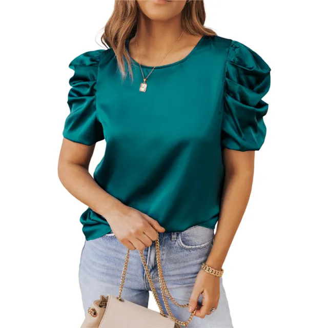 Solid Color Pleated Fluffy Satin Shirt Lc25119594 Blue - Shop at LoveMi