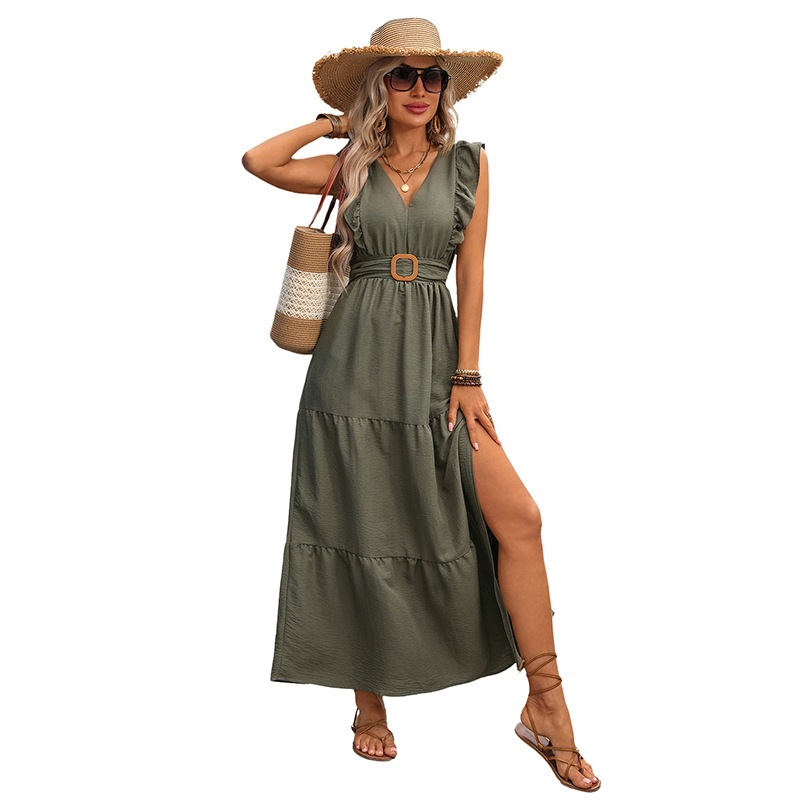 Elegant Waist-Cinched Deep V-Neck Dress For Women